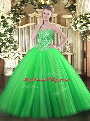 Green Tulle Lace Up Sweet 16 Dresses Sleeveless Floor Length Appliques