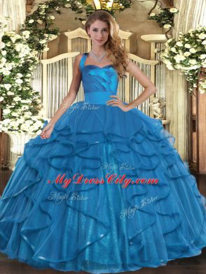 Edgy Teal Ball Gowns Halter Top Sleeveless Tulle Floor Length Lace Up Ruffles Quince Ball Gowns