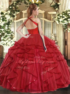 Edgy Teal Ball Gowns Halter Top Sleeveless Tulle Floor Length Lace Up Ruffles Quince Ball Gowns