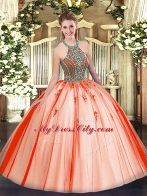 Pretty Coral Red Ball Gowns Halter Top Sleeveless Tulle Floor Length Lace Up Beading Vestidos de Quinceanera