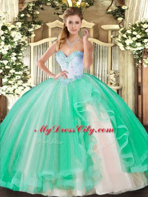 Turquoise Tulle Lace Up 15th Birthday Dress Sleeveless Floor Length Beading and Ruffles