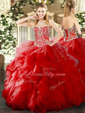Floor Length Lace Up Quinceanera Gown Red for Military Ball and Sweet 16 and Quinceanera with Beading and Ruffles