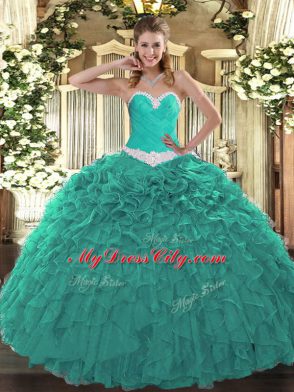 Glorious Sleeveless Floor Length Appliques and Ruffles Lace Up 15 Quinceanera Dress with Turquoise
