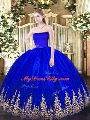 Floor Length Blue Quinceanera Dresses Tulle Sleeveless Appliques