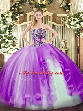 Fantastic Lavender Sleeveless Beading and Ruffles Floor Length Sweet 16 Dresses