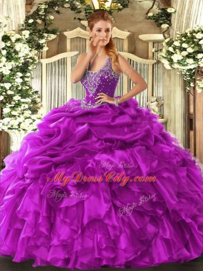 Discount Fuchsia Ball Gowns Straps Sleeveless Organza Floor Length Lace Up Beading and Ruffles and Pick Ups Sweet 16 Dress