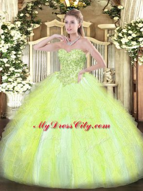 Vintage Ball Gowns Quinceanera Gown Yellow Green Sweetheart Tulle Sleeveless Floor Length Lace Up