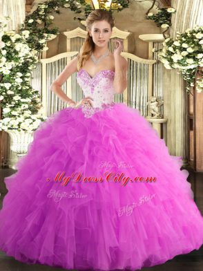 Flare Rose Pink Ball Gowns Beading and Ruffles Quinceanera Gowns Lace Up Tulle Sleeveless Floor Length