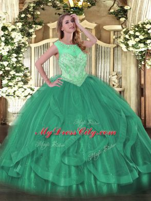 Free and Easy Turquoise Ball Gowns Scoop Sleeveless Tulle Floor Length Lace Up Beading and Ruffles Quinceanera Gowns