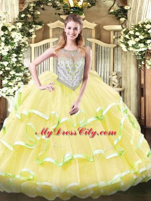 Gorgeous Yellow Green and Light Yellow Scoop Zipper Beading and Ruffled Layers 15th Birthday Dress Sleeveless