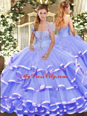 Suitable Lavender Sleeveless Organza Lace Up Quinceanera Gown for Military Ball and Sweet 16 and Quinceanera