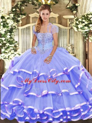 Suitable Lavender Sleeveless Organza Lace Up Quinceanera Gown for Military Ball and Sweet 16 and Quinceanera