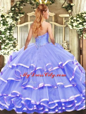 Suitable Lavender Sleeveless Organza Lace Up Quinceanera Gown for Military Ball and Sweet 16 and Quinceanera