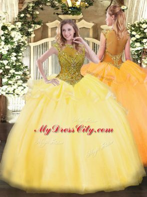Flirting Beading and Appliques Ball Gown Prom Dress Gold Zipper Cap Sleeves Floor Length