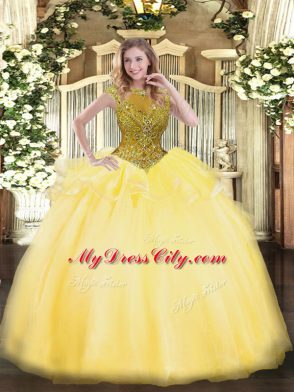 Flirting Beading and Appliques Ball Gown Prom Dress Gold Zipper Cap Sleeves Floor Length