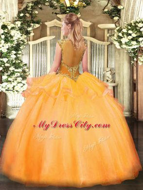 Flirting Beading and Appliques Ball Gown Prom Dress Gold Zipper Cap Sleeves Floor Length