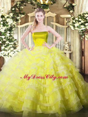 Yellow Tulle Zipper Sweet 16 Dresses Sleeveless Floor Length Ruffled Layers