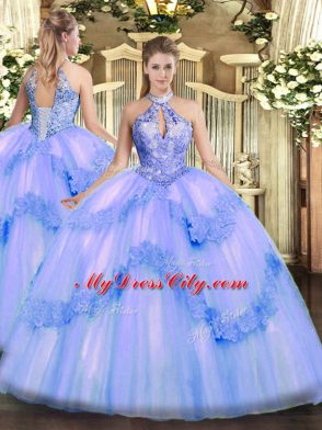 Traditional Blue Ball Gowns Appliques and Sequins Sweet 16 Quinceanera Dress Lace Up Tulle Sleeveless Floor Length