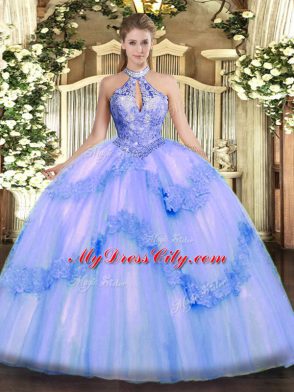 Traditional Blue Ball Gowns Appliques and Sequins Sweet 16 Quinceanera Dress Lace Up Tulle Sleeveless Floor Length