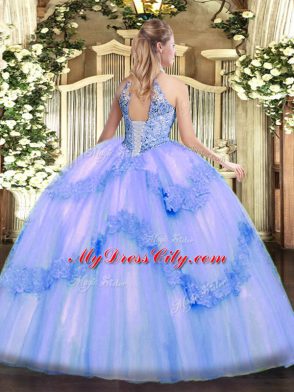 Traditional Blue Ball Gowns Appliques and Sequins Sweet 16 Quinceanera Dress Lace Up Tulle Sleeveless Floor Length