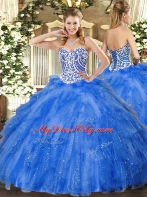 Free and Easy Floor Length Blue Quinceanera Gowns Tulle Sleeveless Beading and Ruffles