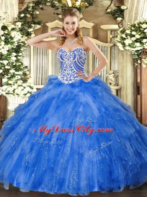 Free and Easy Floor Length Blue Quinceanera Gowns Tulle Sleeveless Beading and Ruffles