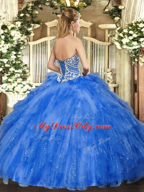 Free and Easy Floor Length Blue Quinceanera Gowns Tulle Sleeveless Beading and Ruffles