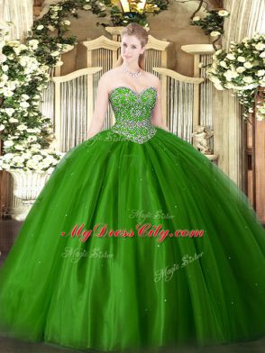 Fancy Green Sleeveless Tulle Lace Up 15th Birthday Dress for Military Ball and Sweet 16 and Quinceanera