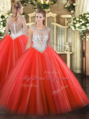 Scoop Sleeveless Sweet 16 Dresses Floor Length Beading Coral Red Tulle
