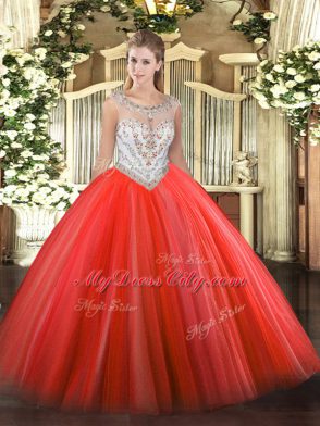 Scoop Sleeveless Sweet 16 Dresses Floor Length Beading Coral Red Tulle