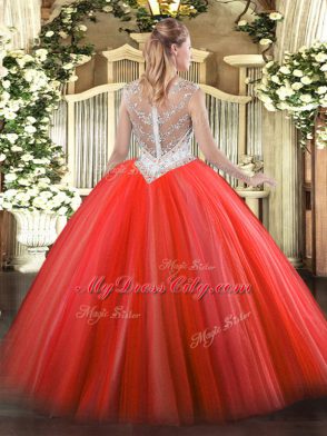 Scoop Sleeveless Sweet 16 Dresses Floor Length Beading Coral Red Tulle