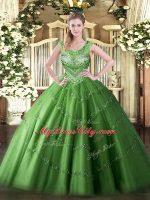 Delicate Green Sleeveless Tulle Lace Up Quinceanera Gown for Sweet 16 and Quinceanera
