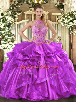 Purple Ball Gowns Organza Halter Top Sleeveless Beading and Embroidery and Ruffles Floor Length Lace Up Sweet 16 Dresses
