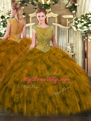 Brown Organza Zipper Scoop Sleeveless Floor Length Sweet 16 Dresses Beading and Ruffles