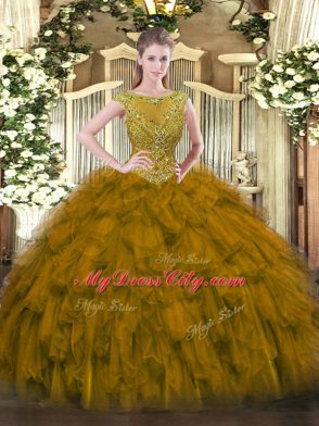 Brown Organza Zipper Scoop Sleeveless Floor Length Sweet 16 Dresses Beading and Ruffles