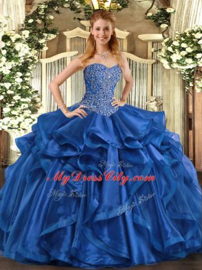 Fine Blue Organza Lace Up Sweetheart Sleeveless Floor Length Sweet 16 Dresses Beading and Ruffles