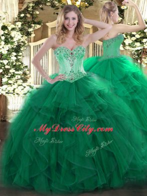Dark Green Organza Lace Up Quince Ball Gowns Sleeveless Floor Length Beading and Ruffles