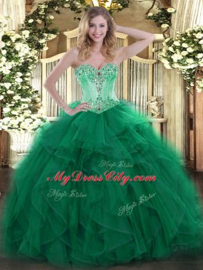 Dark Green Organza Lace Up Quince Ball Gowns Sleeveless Floor Length Beading and Ruffles