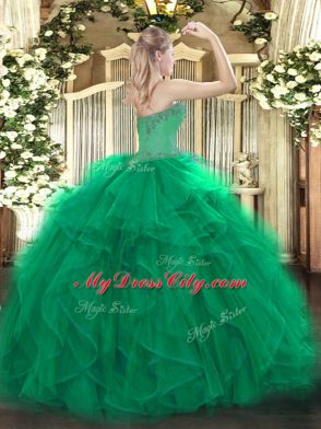Dark Green Organza Lace Up Quince Ball Gowns Sleeveless Floor Length Beading and Ruffles