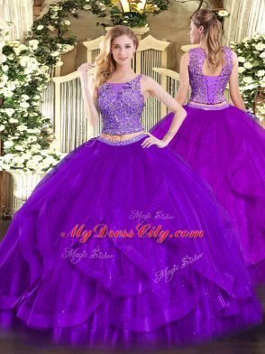 Purple Sleeveless Organza Lace Up Vestidos de Quinceanera for Military Ball and Sweet 16 and Quinceanera