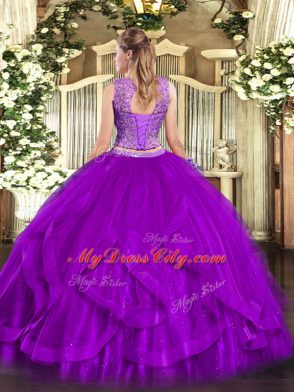 Purple Sleeveless Organza Lace Up Vestidos de Quinceanera for Military Ball and Sweet 16 and Quinceanera