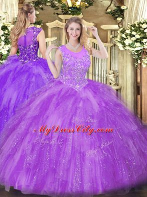 Best Ball Gowns Quinceanera Gowns Lavender Scoop Tulle Sleeveless Floor Length Zipper
