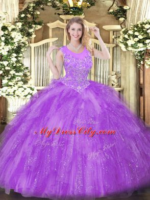 Best Ball Gowns Quinceanera Gowns Lavender Scoop Tulle Sleeveless Floor Length Zipper