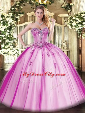Simple Fuchsia Sleeveless Beading and Appliques Floor Length 15th Birthday Dress