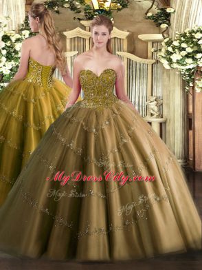 Elegant Brown Quinceanera Dresses Military Ball and Sweet 16 and Quinceanera with Appliques Sweetheart Sleeveless Lace Up
