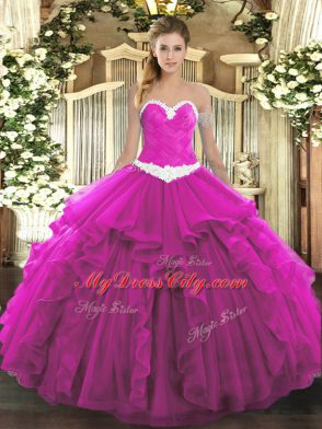 Fuchsia Ball Gowns Organza Sweetheart Sleeveless Appliques and Ruffles Floor Length Lace Up Quinceanera Gown