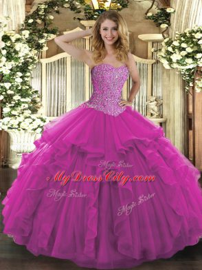 Hot Sale Floor Length Fuchsia 15 Quinceanera Dress Tulle Sleeveless Beading and Ruffles
