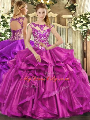 Exquisite Fuchsia Sleeveless Organza Lace Up Quinceanera Gown for Sweet 16 and Quinceanera