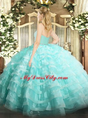 Stunning Sleeveless Floor Length Beading and Lace and Ruffled Layers Zipper 15th Birthday Dress with Gold