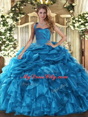 Dazzling Halter Top Sleeveless Lace Up Quinceanera Dresses Baby Blue Organza